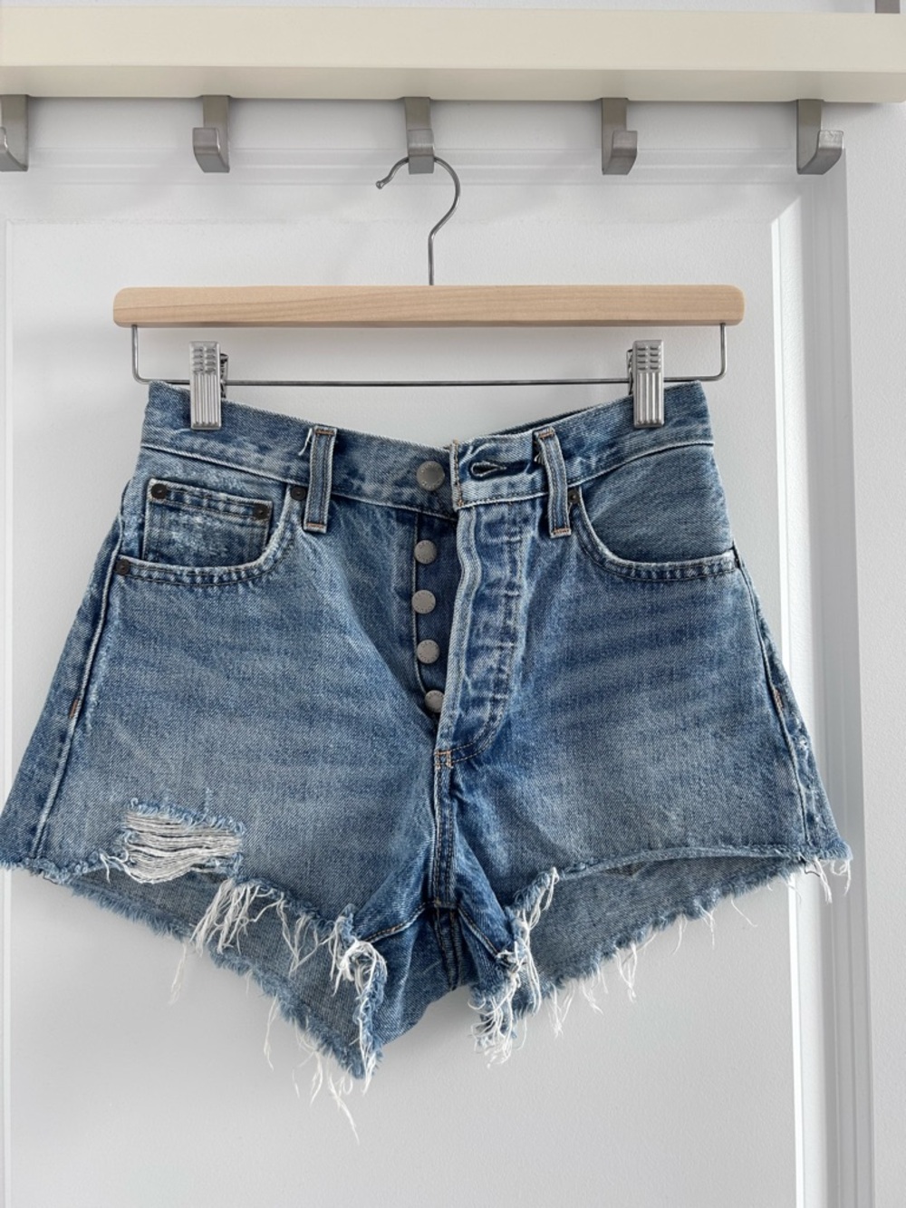 Denim Forum Distressed Light Blue High-Rise Button-Front Shorts